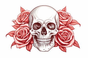Poster - Minimalist skeleton illustration featuring a vibrant red rose on a clean white background design