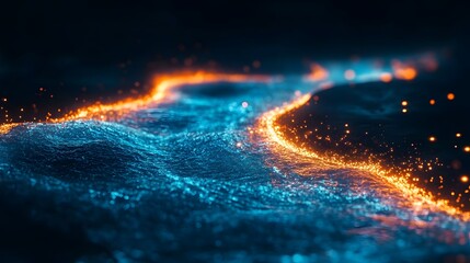 Poster - Illuminated river flow abstract scene digital art dark environment close-up view light and water concept