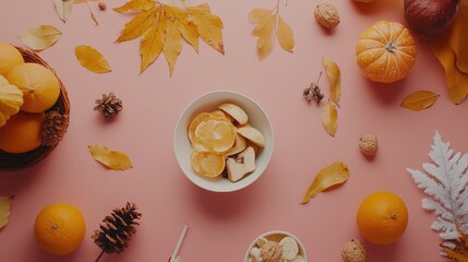 Poster - autumn winter mood board flat lay with seasonal decorations and empty space for social media brandin