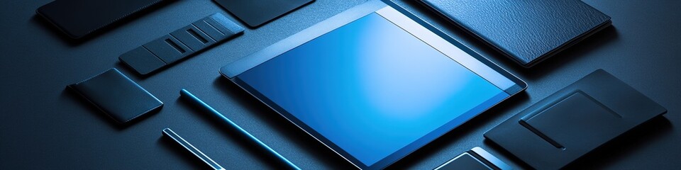 Poster - clean flat lay of business technology essentials including tablet and stylus displayed on matte surface under soft