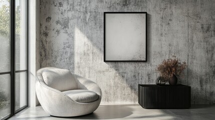 Poster - Minimalist Canvas Art in Metal Frame Displayed on Textured Wall with Cozy Modern Chair and Stylish Furniture Arrangement