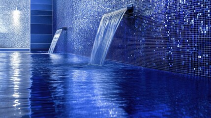 Wall Mural - Elegant blue mosaic wall with flowing water feature and serene reflections in a tranquil indoor swimming pool setting.