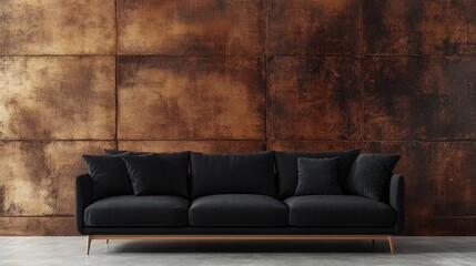 Poster - minimalist black sofa against a rich textured brown wall in a stylish interior setting