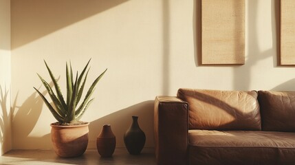 Poster - minimalist bohemian living room with aloe plant terracotta pot leather sofa decorative vases and neu