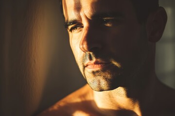 Poster - man is bathed in soft natural light his face gently illuminated by warm glow coming through window