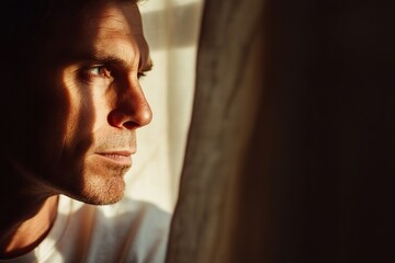 Poster - man is bathed in soft natural light his face gently illuminated by warm glow coming through window