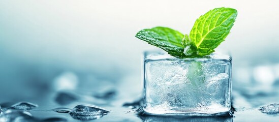 Poster - Fresh Mint Leaf Encased in Crystal Clear Ice Cube with Space for Custom Text or Branding