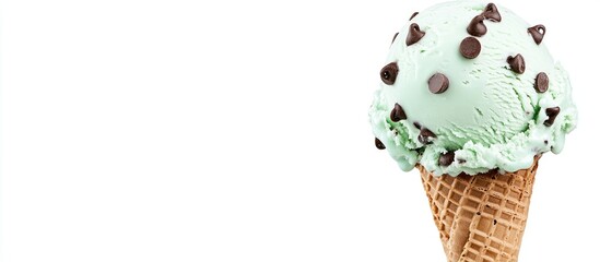 Wall Mural - Mint chocolate chip ice cream cone with space for text showcasing delicious dessert and inviting summer vibes in a playful setting