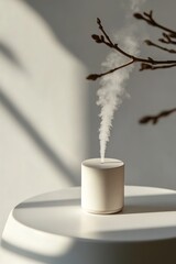 Poster - single compact humidifier placed neatly on smooth white ceramic surface with faint shadows