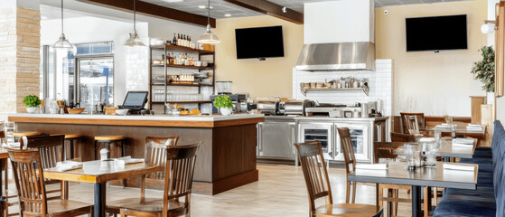 Clean and organized restaurant kitchen with modern decor and seating