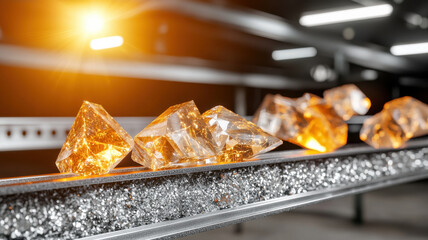 Poster - Shiny orange crystals on metallic surface with bright lighting effects