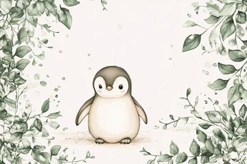 Wall Mural - Adorable Baby Penguin Amidst Greenery