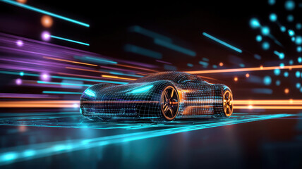 Poster - Futuristic concept vehicle with glowing wireframe design in motion