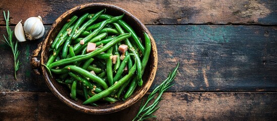 Wall Mural - Green Beans with Ham and Garlic Served in Wooden Bowl on Rustic Table with Space for Text or Recipe Description