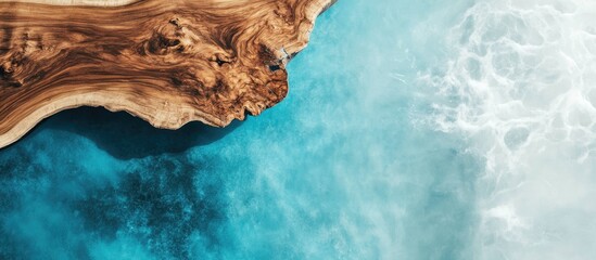 Poster - live edge acacia wood table with resin overlay and text space above calm turquoise water background