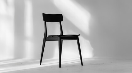 Canvas Print - Minimalist black wooden chair elegantly positioned against a bright white background showcasing simplicity and modern design aesthetics.