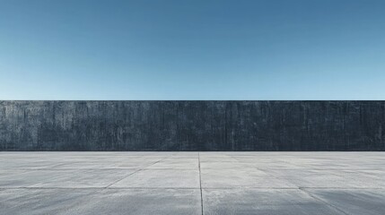 Poster - Minimalist black wall under clear blue sky with dry desert landscape creating ample copy space for design or advertising purposes