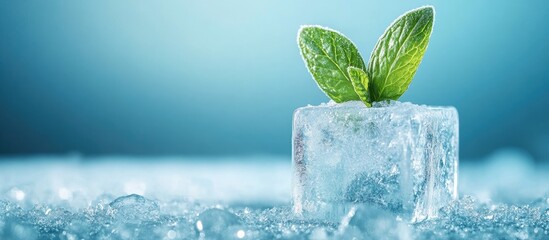 Poster - mint leaf encapsulated in ice cube with soft blue background for text overlay and creative design us