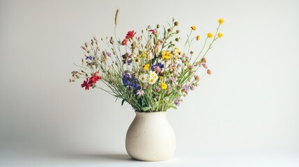 Poster - minimalist ceramic vase showcasing vibrant wild meadow flowers on a neutral background for home deco