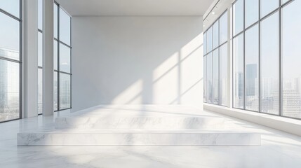 Poster - modern white marble podium in spacious bright studio with large windows and natural light