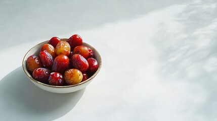 Poster - small bowl of vibrant dates resting on smooth white surface under bright natural light