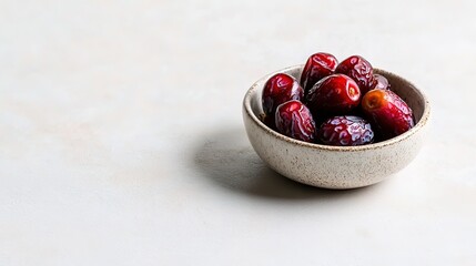 Poster - small bowl of vibrant dates resting on smooth white surface under bright natural light