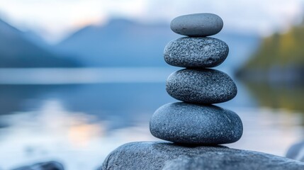 Poster - Balanced Stones Symbolizing Serenity and Personal Growth in Nature's Tranquil Setting