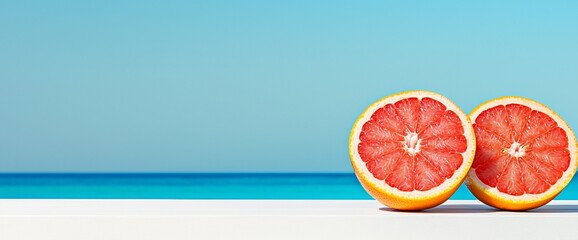 Wall Mural - Two juicy grapefruit halves on a white surface against a turquoise ocean backdrop.