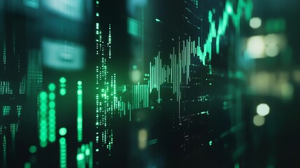 A green computer interface with chart data, likely financial.