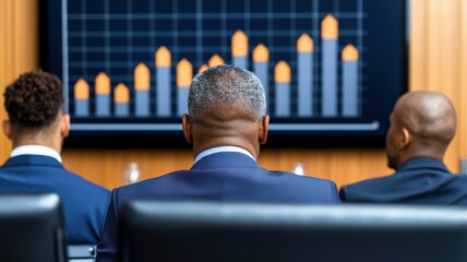 Poster - A conference room with a diverse group of professionals discussing a chart displayed on a large wall screen, representing teamwork and growth.