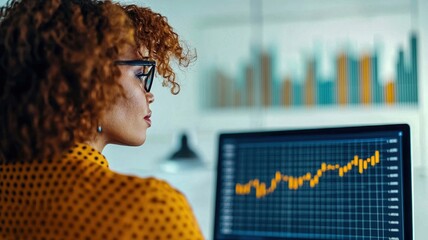 Poster - A focused professional analyzing market trends on a computer screen with financial graphs.