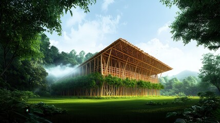 Aufkleber - A stunning bamboo structure nestled in lush greenery, showcasing innovative architecture harmonizing with nature.