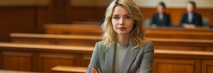 this image of a woman with blond hair standing boldly in front of a wooden bench and a panel of invi