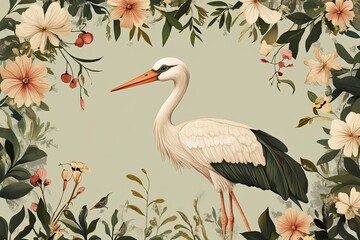 Sticker - Elegant White Stork Amidst A Floral Frame