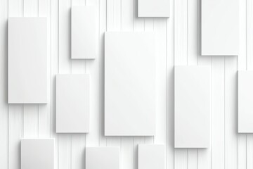 Poster - Abstract white rectangular frames arranged on white wood panel background. Minimalist design concept for modern decor, adding a stylish and clean aesthetic to any setting.