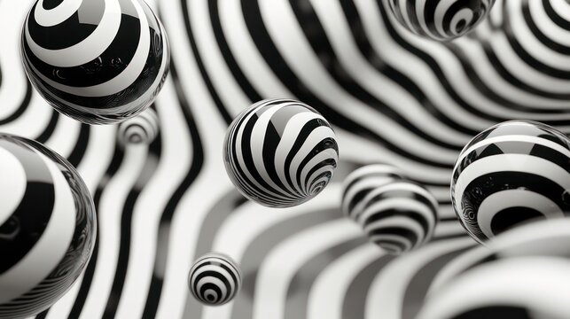 Abstract 3D rendering of black and white striped spheres floating on a wavy background.