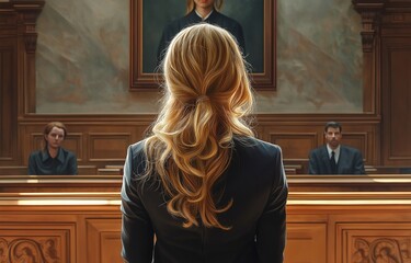 this image of a woman with blond hair standing boldly in front of a wooden bench and a panel of invi