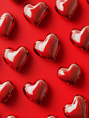 Poster - Shiny red heart decorations on vibrant red background for Valentine's Day design