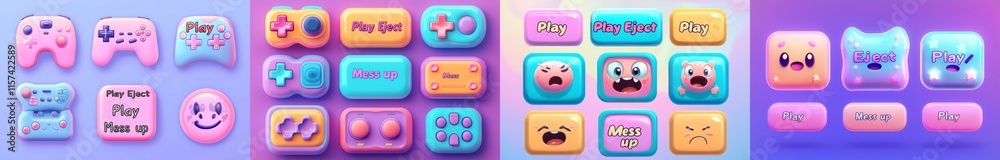 Computer game UI buttons presented on a black background. Modern ...