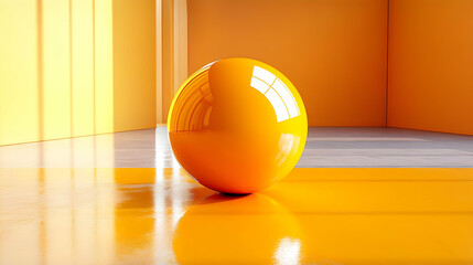 Wall Mural - Shiny yellow sphere in minimalist orange room with reflective floor.