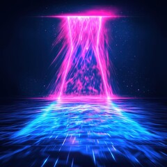 Wall Mural - A radiant neon horizon stretching into infinity, with glowing lines in vibrant blue and pink hues, surrounded by swirling mist and faint light trails for a sleek and modern design. 