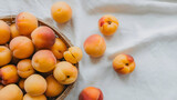 A photo of a basket filled with apricots on a white backdrop.