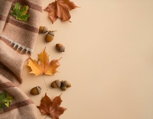 Autumn top view flat lay with copy space for text. Fall leaves and beige blanket isolated on white from above. Styled background