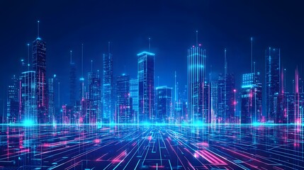 Poster - Vibrant futuristic cityscape digital metropolis visual art urban environment wide-angle view technology concept