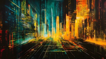 Poster - Dynamic cityscape at night urban environment digital art abstract viewpoint vibrant colors and structures