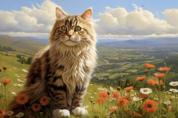 Sticker - Portrait of a smiling american curl cat over quiet countryside landscape