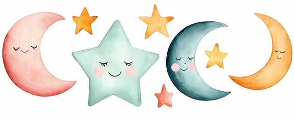 cute pastel watercolor concept. playful watercolor moons and stars with smiling faces in soft pastel