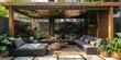 © Iryna - Modern outdoor lounge area with wooden pergola, comfortable sofas, and lush greenery creating a cozy