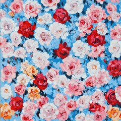 Wall Mural - Vibrant floral pattern with various colored roses on a light blue background.