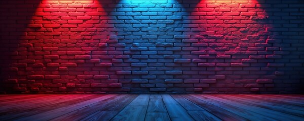 Poster - Empty room with brick wall, wooden floor. Neon lights create red, blue gradient effect. Stylish interior design for photo stock. Suitable for product presentations advertising campaigns. Perfect for